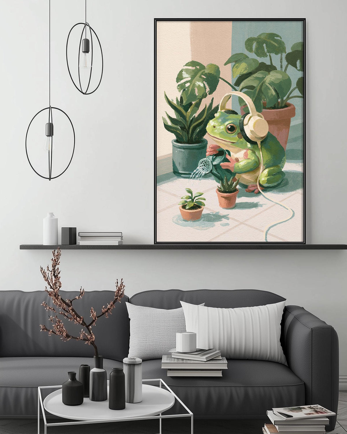 a cozy living room with a gray sofa, a coffee table, and a large framed painting of a frog wearing headphones, surrounded by potted plants.