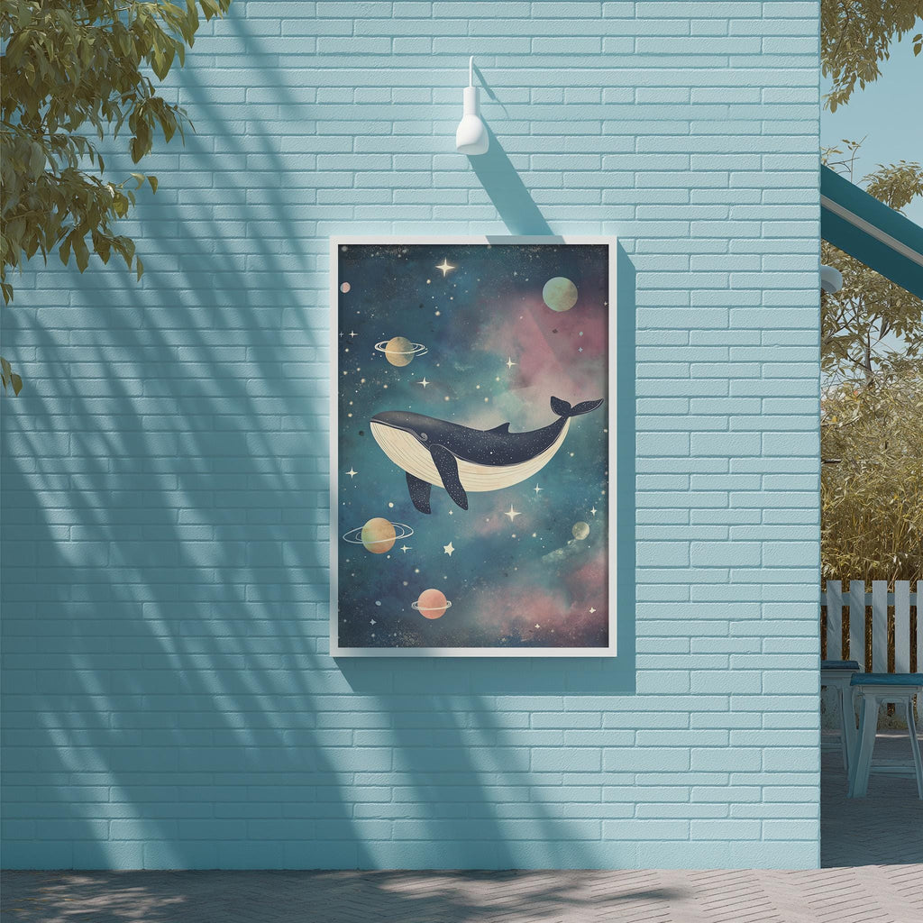 a blue brick wall with a framed poster of a whale floating in a starry space scene.