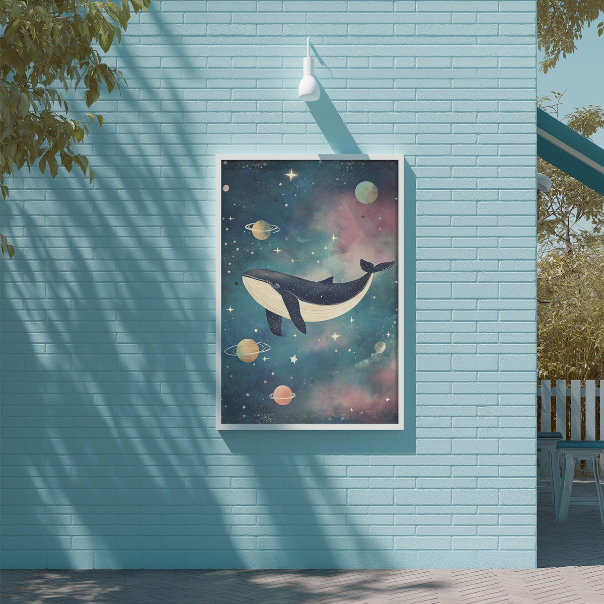 a blue brick wall with a framed poster of a whale floating in a starry space scene.