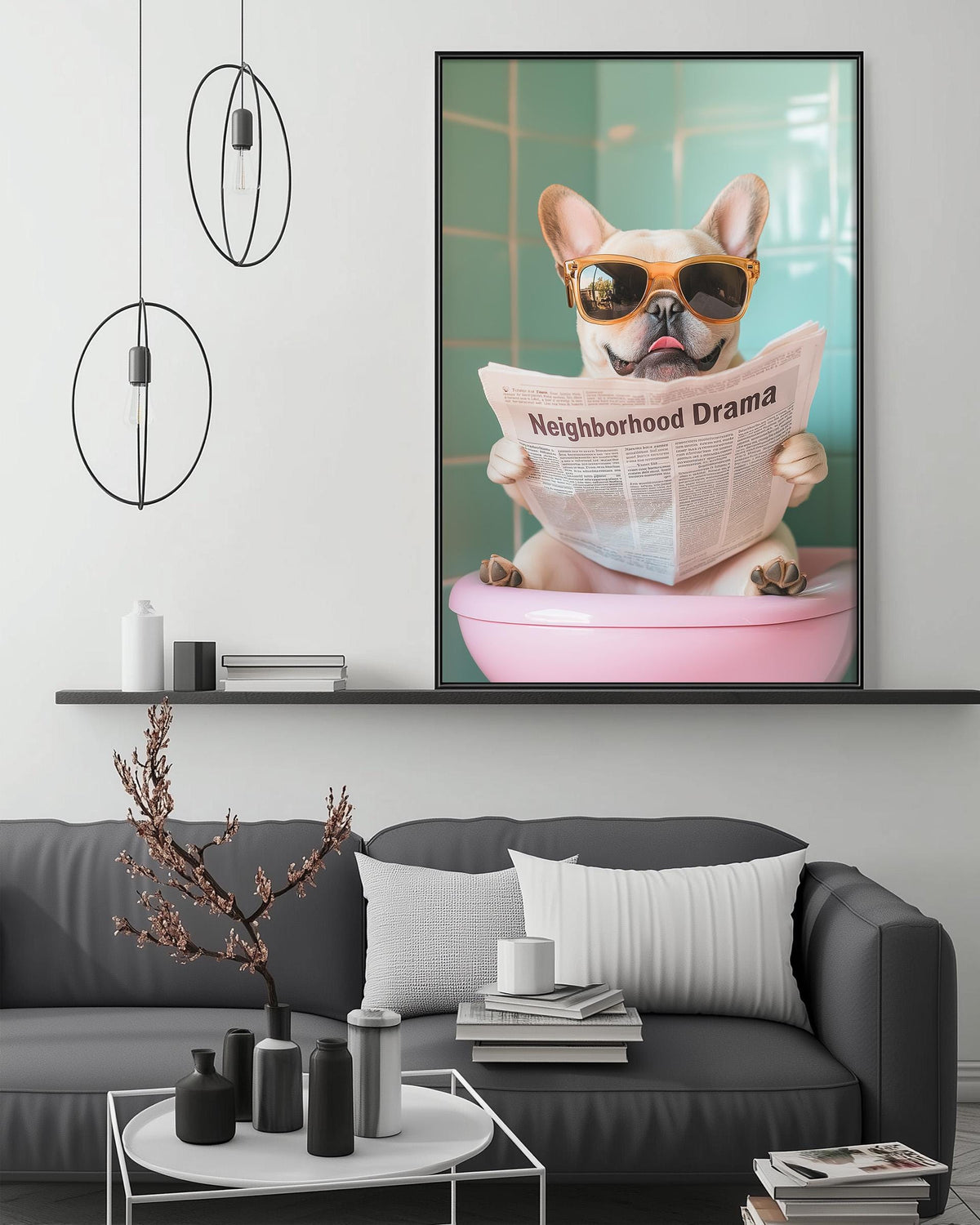 A dog wearing sunglasses and holding a newspaper is sitting in a pink basin in a bathroom, as depicted in a framed artwork on the wall.