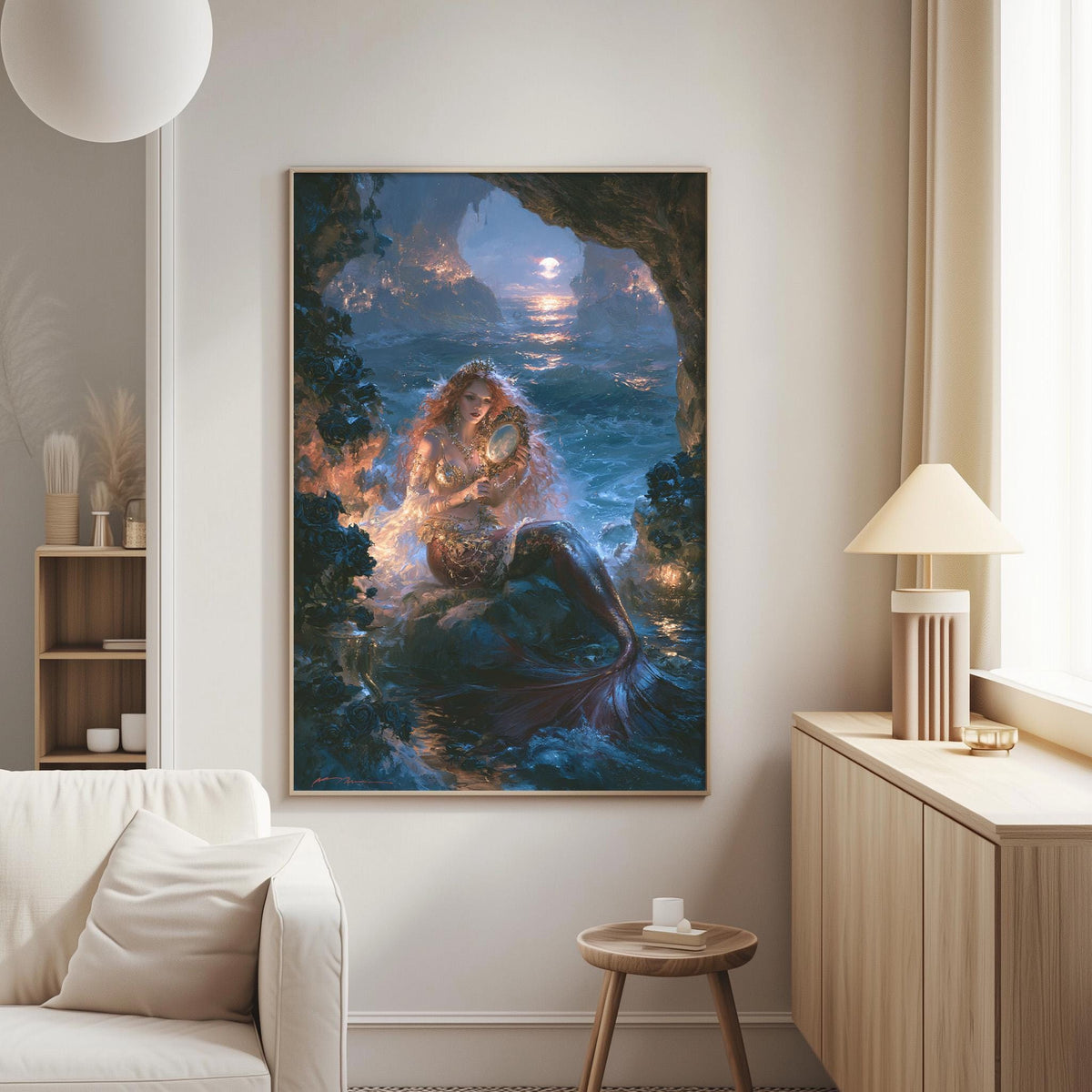 a large, vibrant painting of a mermaid in a cave, with a serene and ethereal atmosphere.