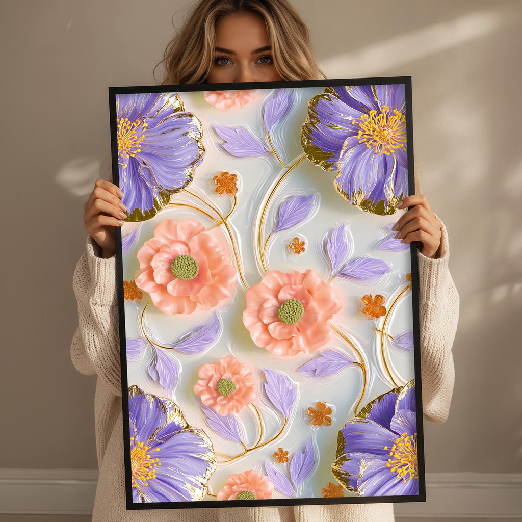 A woman holds up a framed print with a floral design featuring purple and orange flowers.