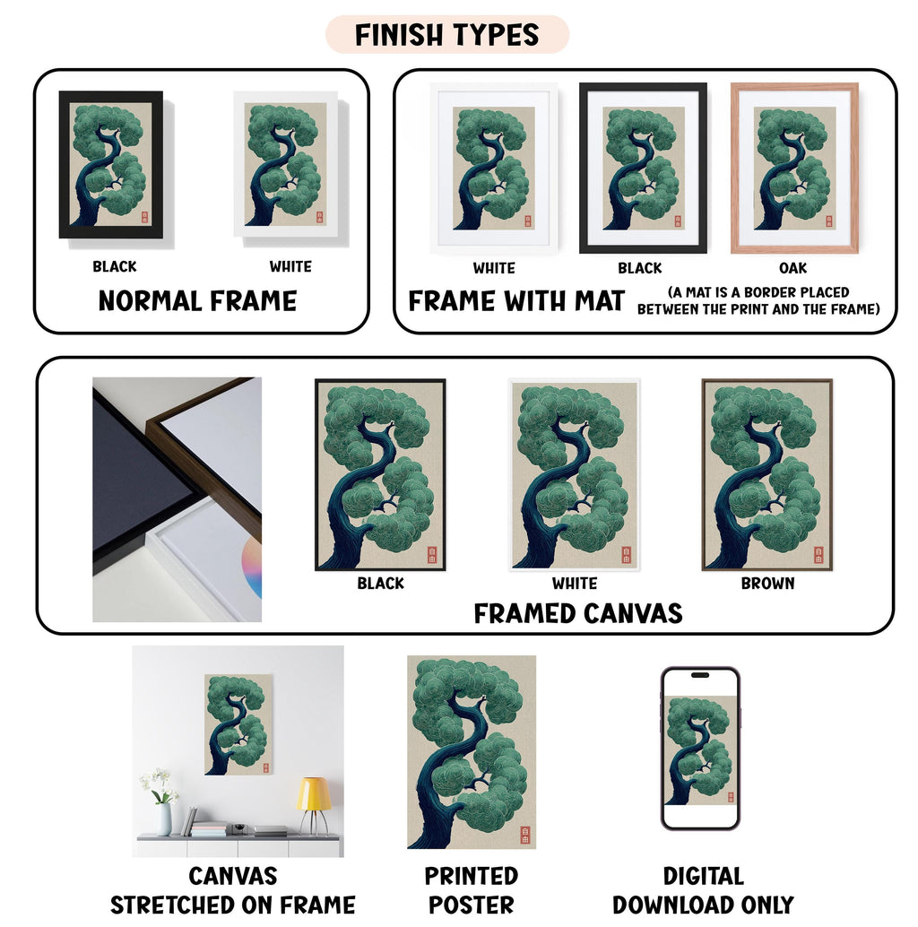 The image is a collection of various finish types for a framed artwork, including a black and white normal frame, a white frame with a mat, a black frame, a white framed canvas, a stretched canvas, a printed poster, and a digital download only.