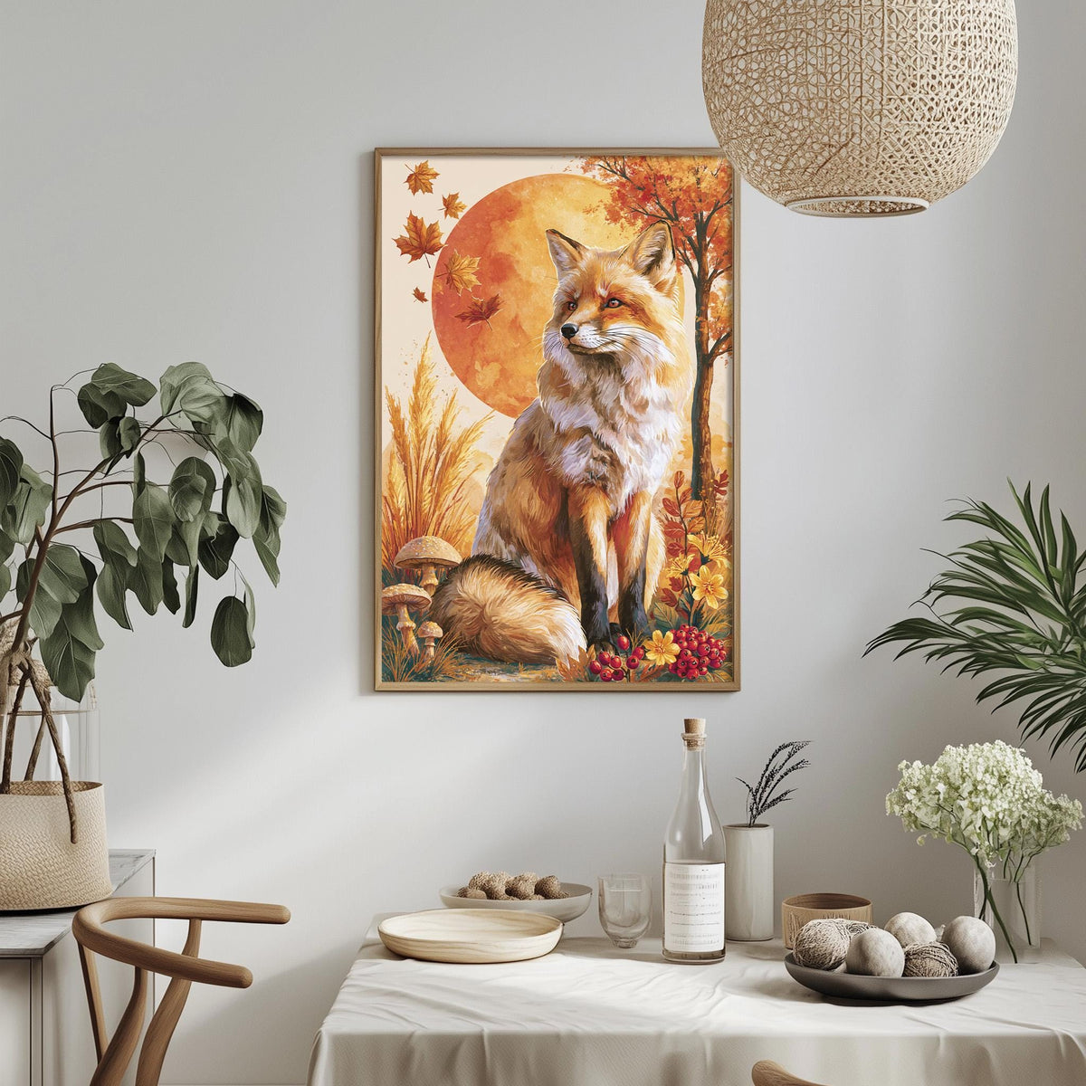 a framed painting of a fox sitting in a forest setting, surrounded by autumn foliage and mushrooms. The painting is hung on a wall above a dining table, which has various items on it, including a bottle, a bowl, and a vase. The table is set with a white tablecloth and there are potted plants in the room, creating a cozy and inviting atmosphere.