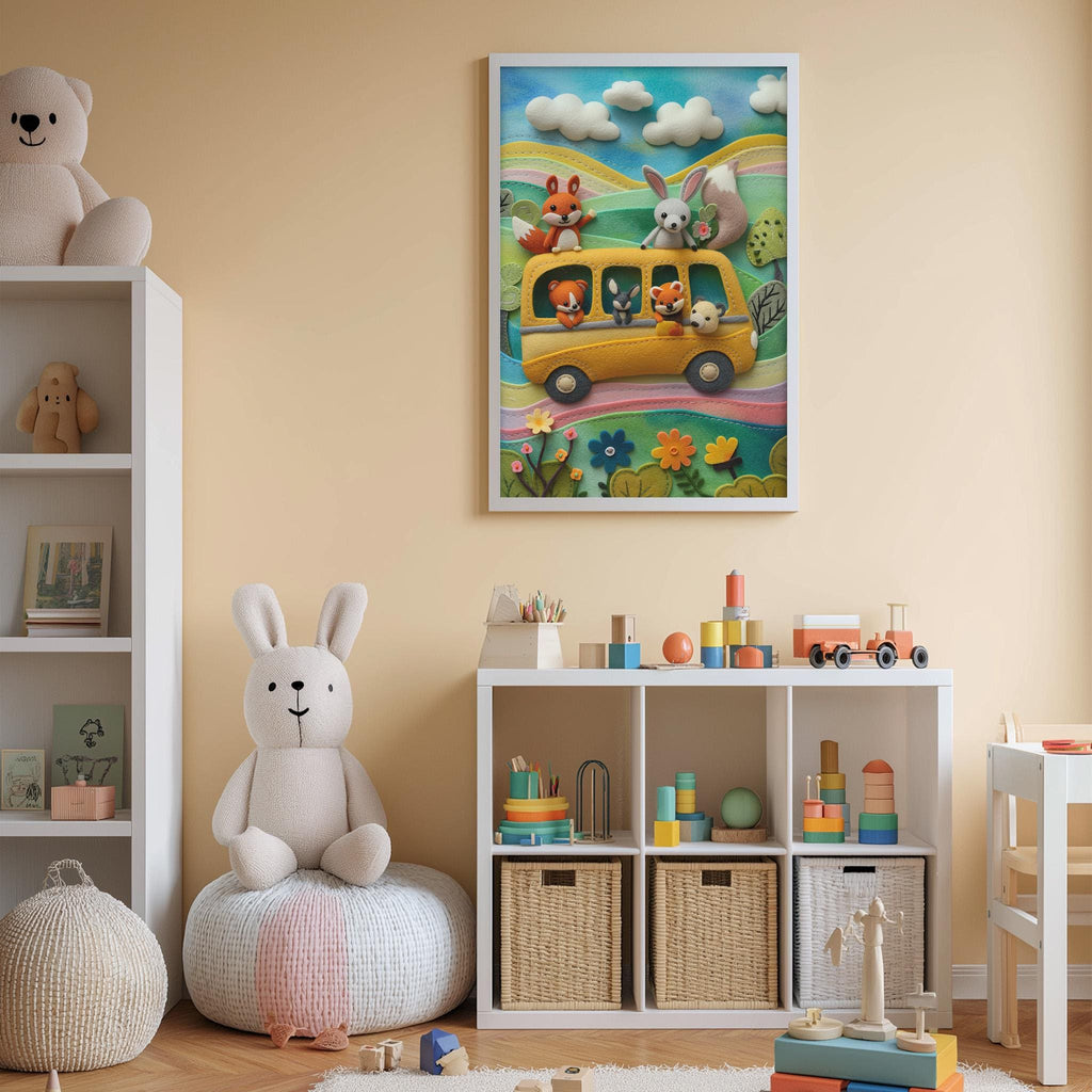 A child's bedroom with a large stuffed rabbit sitting on a bean bag chair, surrounded by various toys and a colorful poster of a bus with animals on it.