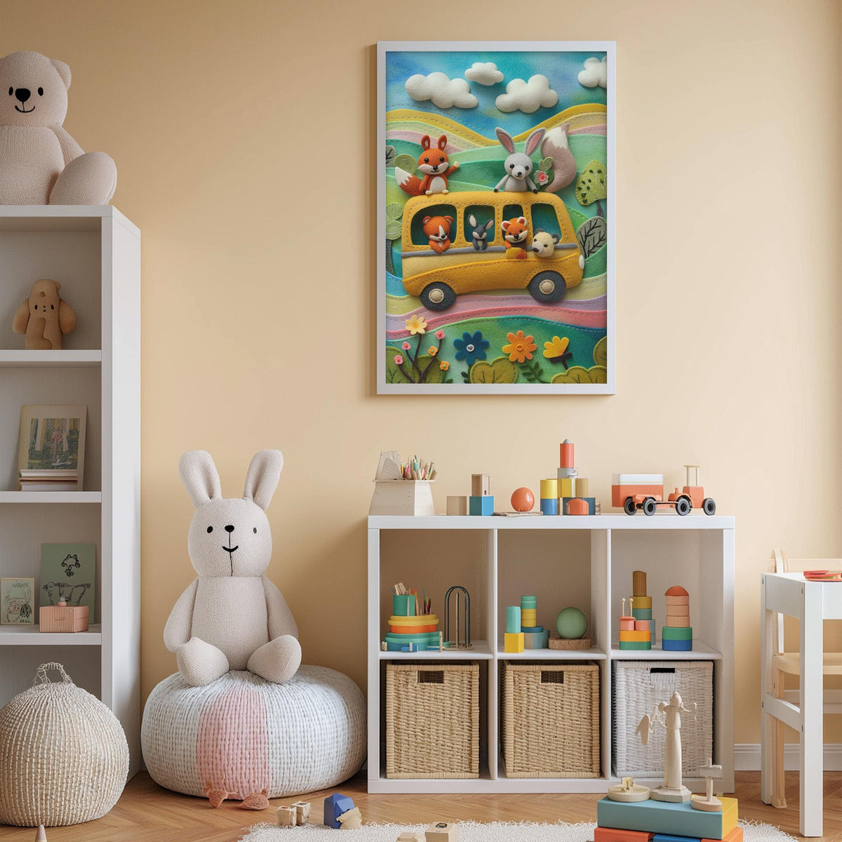 A child's bedroom with a large stuffed rabbit sitting on a bean bag chair, surrounded by various toys and a colorful poster of a bus with animals on it.