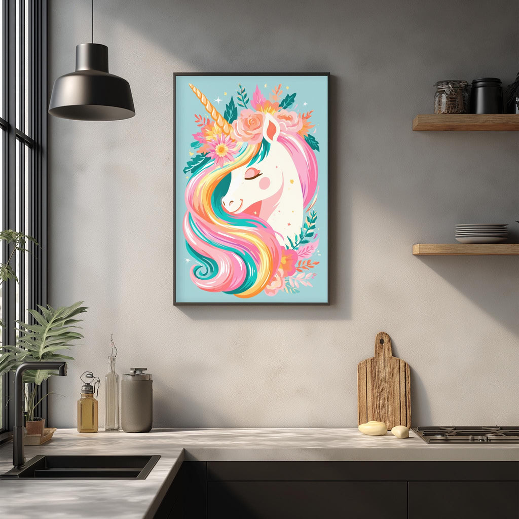 a vibrant and whimsical unicorn painting hanging on a wall above a kitchen counter. The unicorn has a colorful mane and tail, and is surrounded by flowers and leaves. The kitchen counter below the painting has various items, including a cutting board, a bottle, and a vase.