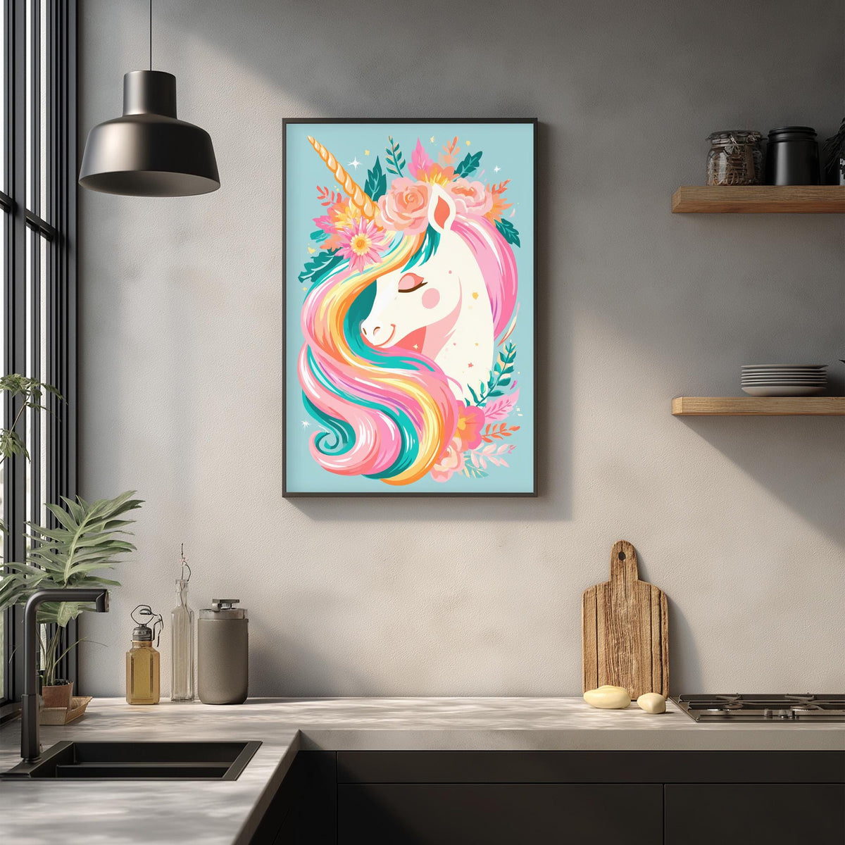 a vibrant and whimsical unicorn painting hanging on a wall above a kitchen counter. The unicorn has a colorful mane and tail, and is surrounded by flowers and leaves. The kitchen counter below the painting has various items, including a cutting board, a bottle, and a vase.