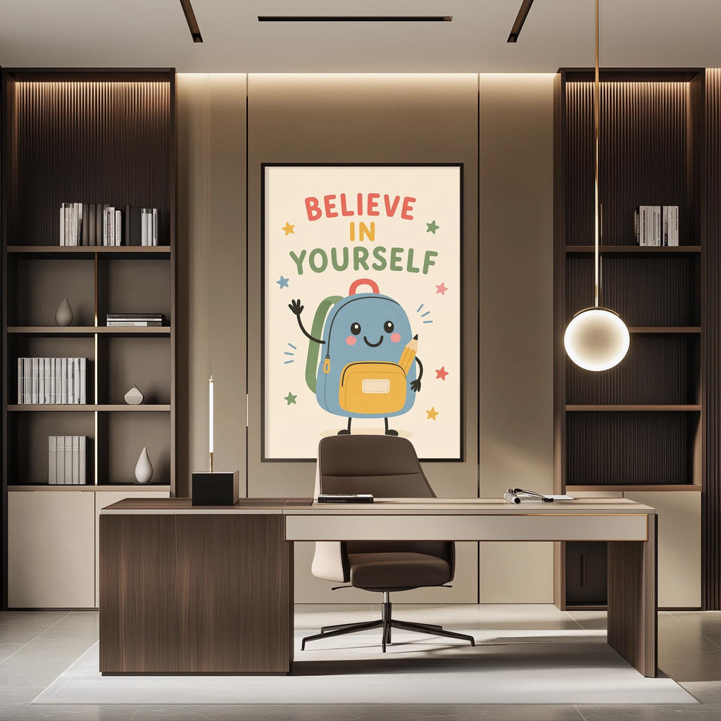 a modern office space with a desk, chair, and a large poster on the wall that says "Believe in yourself".