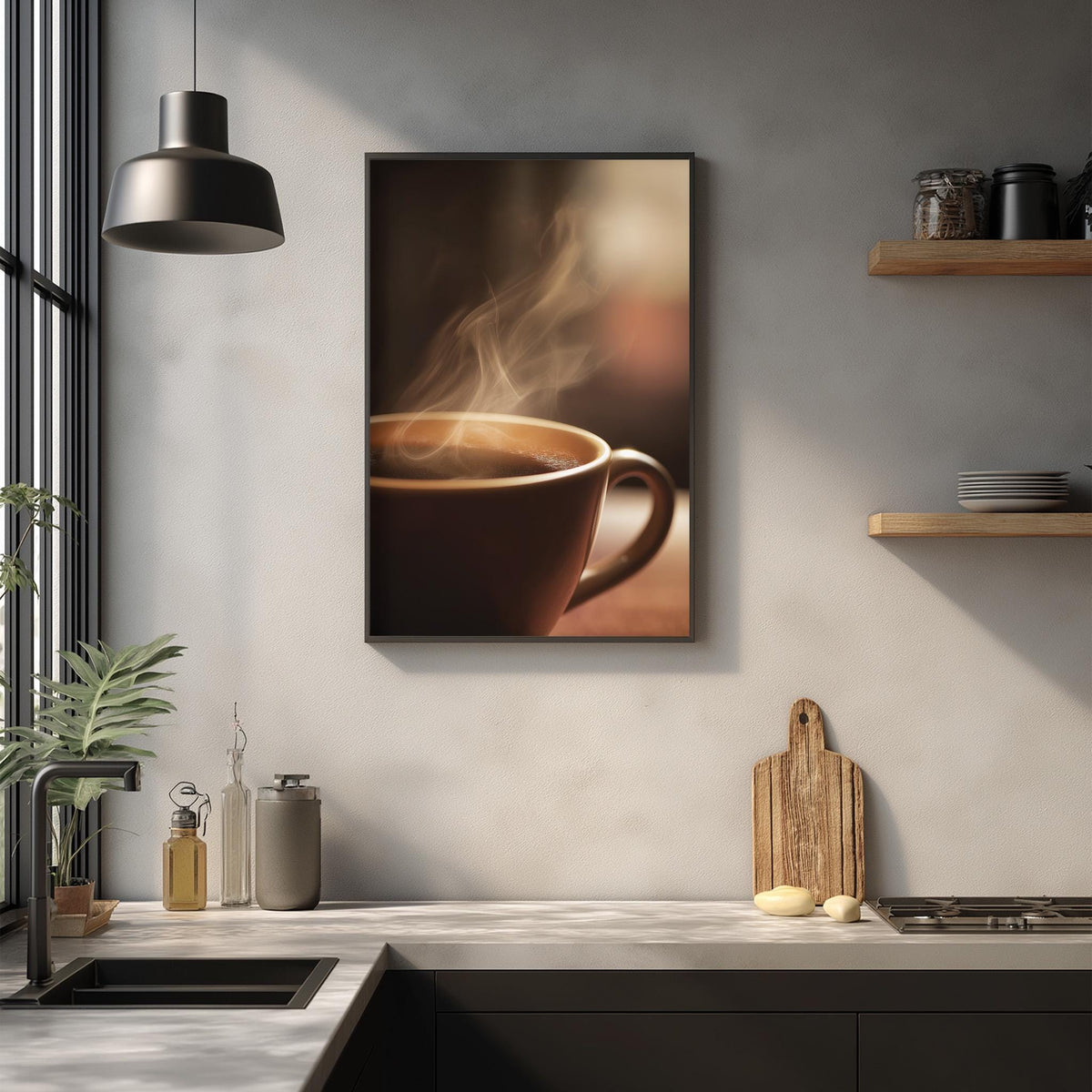 a cozy kitchen scene with a framed picture of a steaming cup of coffee on the wall, a wooden cutting board, and various kitchen items on the countertop.