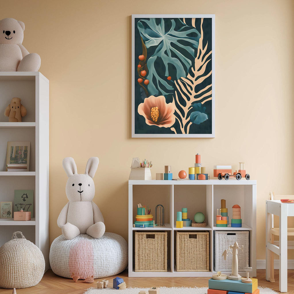 A cozy and colorful children's bedroom with a large stuffed rabbit, a bookshelf, and a toy chest filled with toys. The walls are painted a light peach color, and there is a framed artwork featuring a tropical plant hanging on the wall.