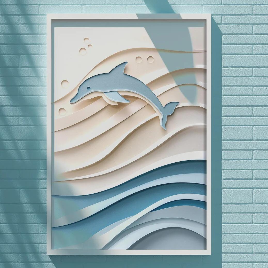 a blue brick wall with a framed artwork depicting a dolphin swimming in the ocean.