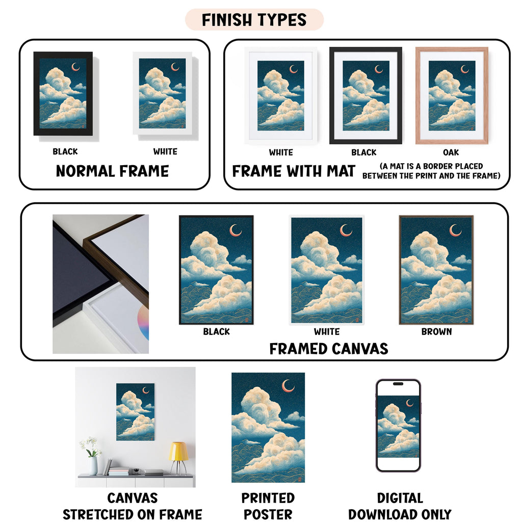 various finish types for a framed artwork depicting a night sky with clouds, including black, white, black, white, black, white, black, white, black, white, black, white, black, white, black, white, brown, and digital download only.