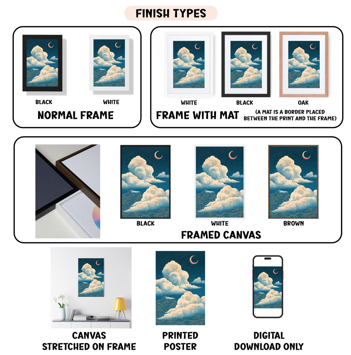 various finish types for a framed artwork depicting a night sky with clouds, including black, white, black, white, black, white, black, white, black, white, black, white, black, white, black, white, brown, and digital download only.