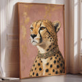 A framed painting of a cheetah with a golden collar is displayed on a wall in a room with a window.