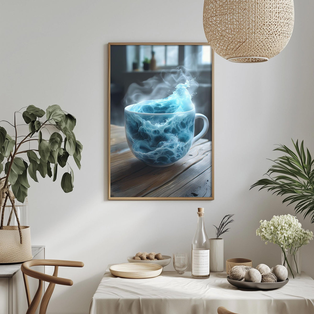a framed picture of a blue mug with steam rising from it, placed on a wooden table in a cozy, well-decorated room.