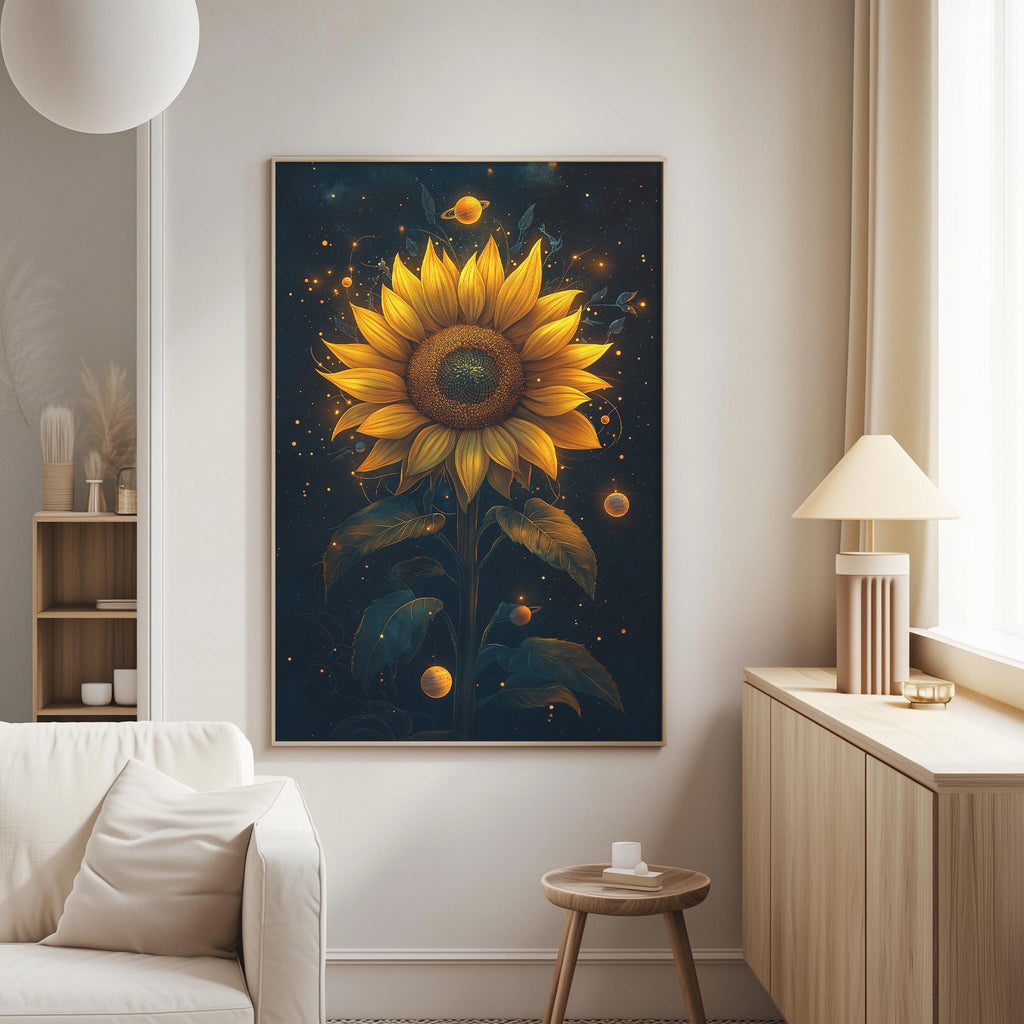 a large, vibrant painting of a sunflower on a wall, with a dark background and a starry night sky. The sunflower is the central focus of the artwork, surrounded by a multitude of small orange and yellow circles, creating a sense of depth and dimension. The painting is hung on a white wall, and the room has a white couch and a wooden side table, creating a cozy and inviting atmosphere.
