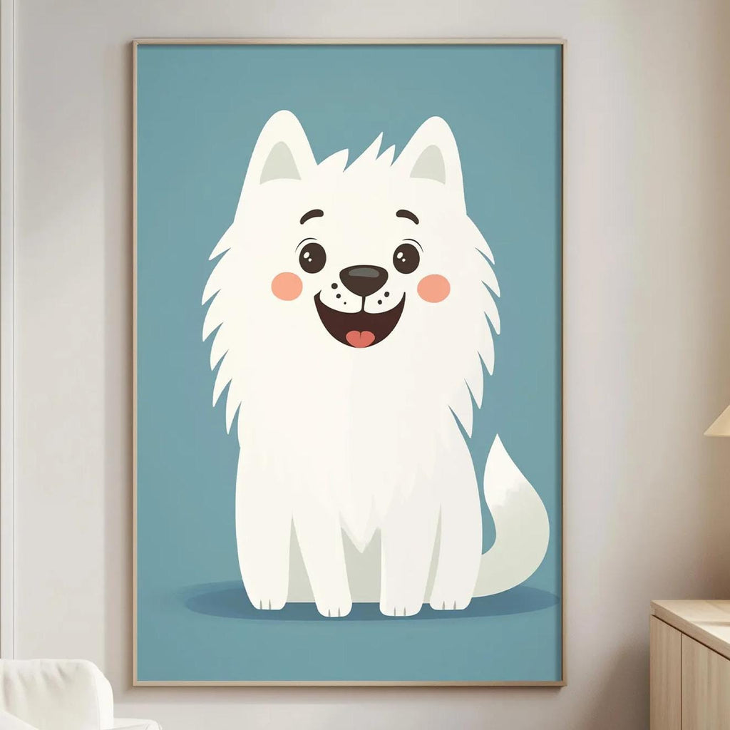 a cozy living room with a large, cheerful white dog poster on the wall. The poster depicts a happy, smiling dog sitting on the floor, surrounded by a warm and inviting atmosphere.