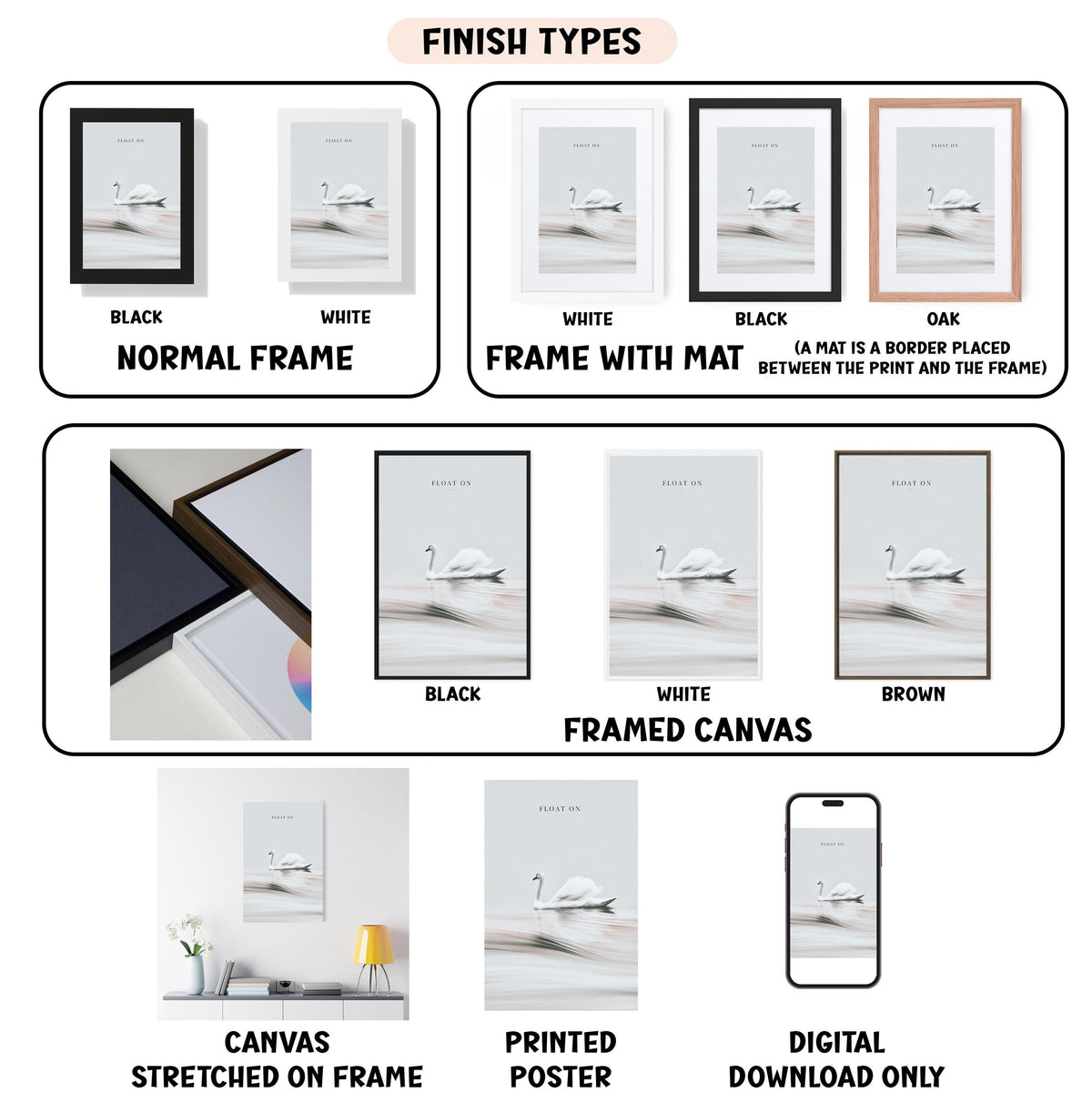 various types of artwork, including framed prints, canvas prints, and digital prints, each with different finishes and styles.