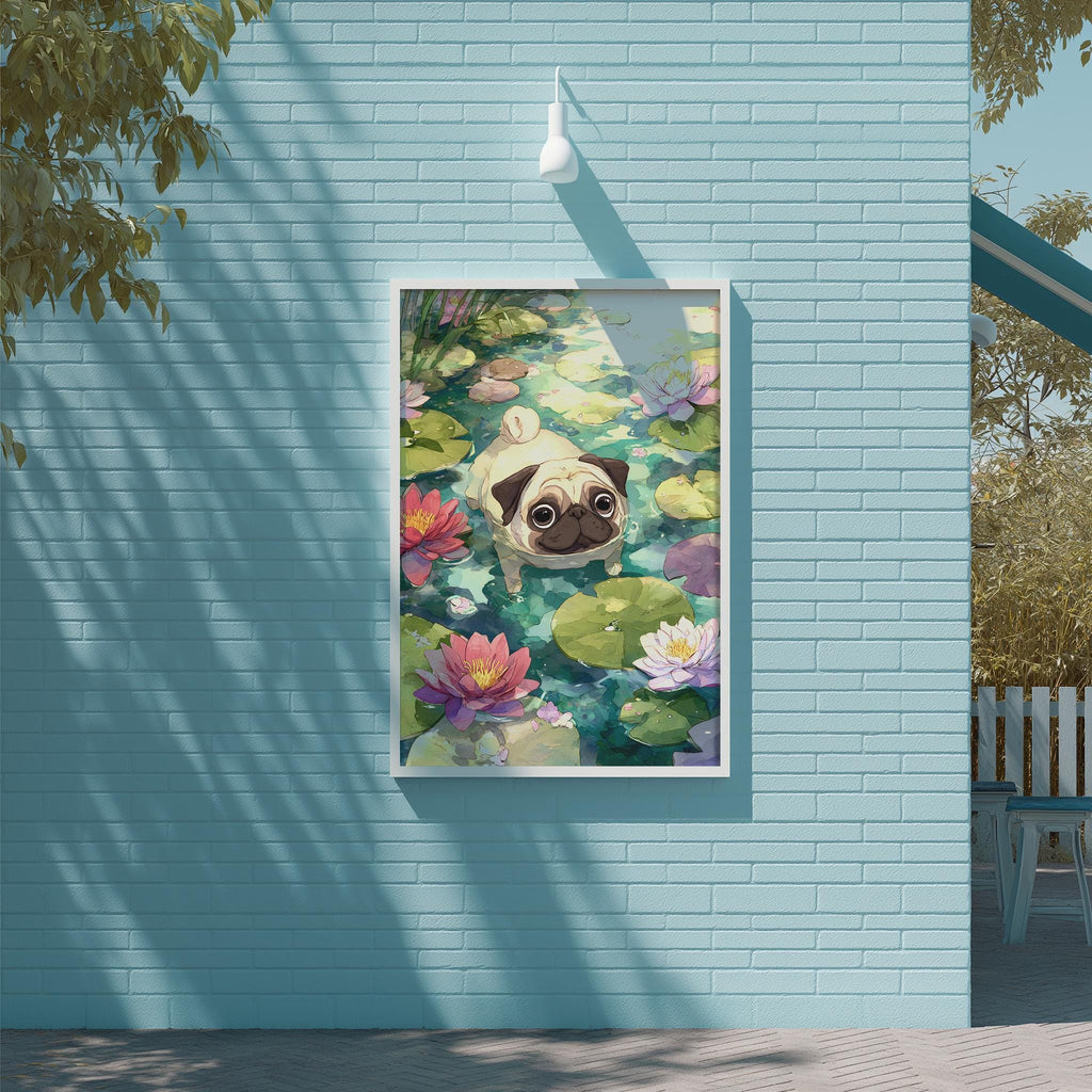 A framed illustration of a pug dog swimming in a pond filled with colorful lily pads and flowers, set against a blue brick wall.