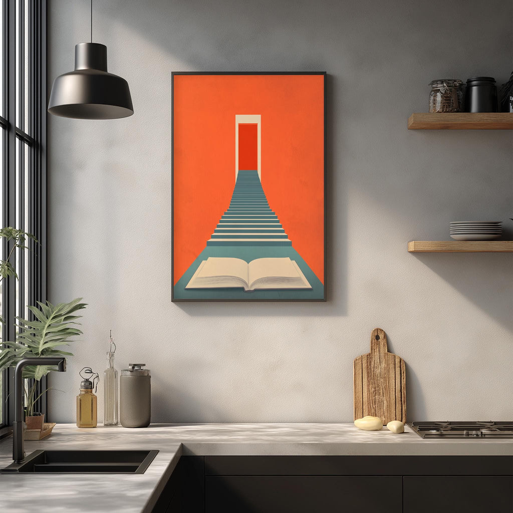 a kitchen counter with various kitchen items, including a cutting board, a sink, and a plant. Above the counter, there is a framed artwork depicting a staircase leading up to a doorway, creating a visually interesting and modern design element in the space.