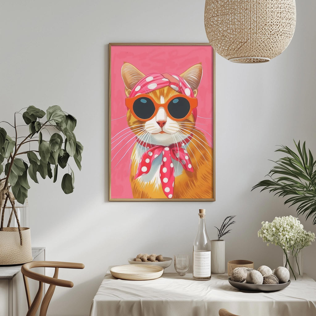 a vibrant pink wall with a framed illustration of a cat wearing sunglasses and a pink scarf, creating a playful and whimsical atmosphere.