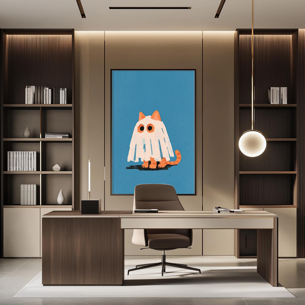 a modern office space with a desk, chair, and a large framed artwork depicting a ghost cat on the wall.
