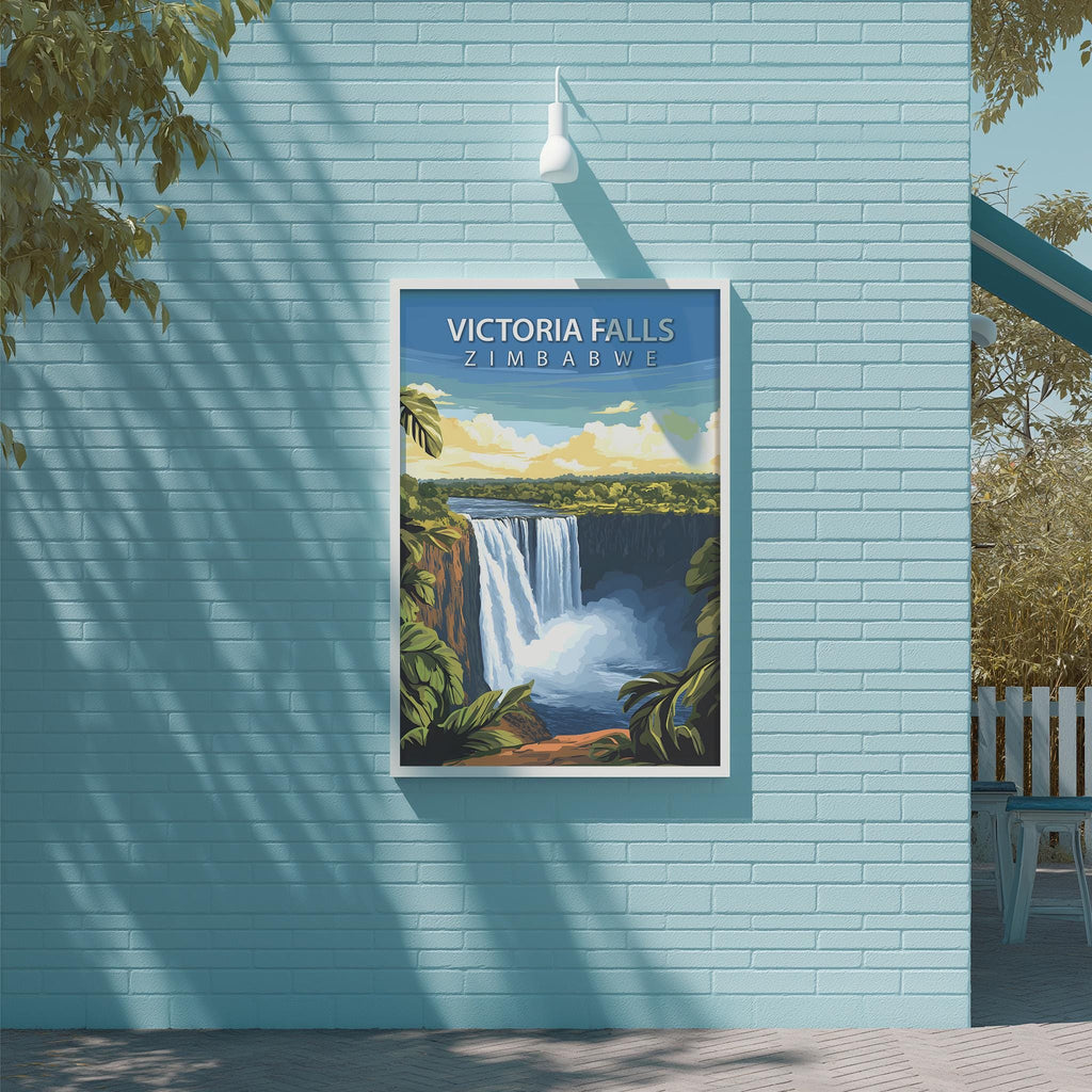 A framed poster of Victoria Falls hangs on a light blue brick wall, depicting a waterfall surrounded by lush greenery.