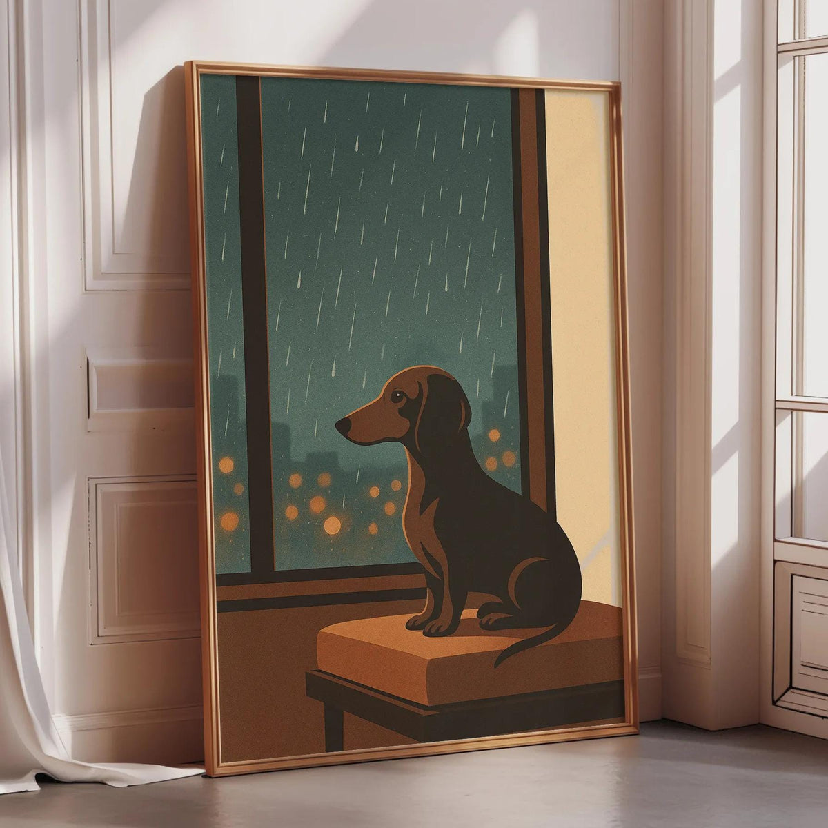 A framed illustration of a dog sitting on a bench, looking out a window at a rainy cityscape.