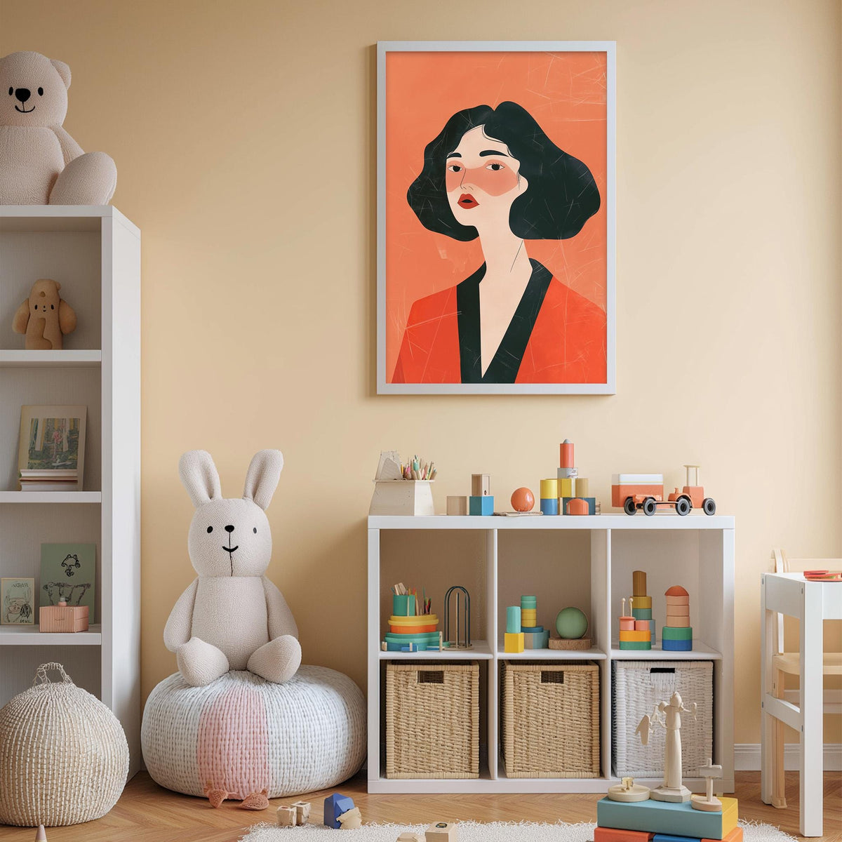 a child's bedroom with a large stuffed rabbit, a framed illustration of a woman, and a toy shelf filled with various toys.