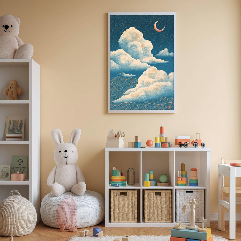 A cozy children's bedroom with a large stuffed bunny, a bookshelf, and a toy storage unit filled with toys. The walls are painted a light peach color, and a framed picture of a night sky with clouds hangs above the room.
