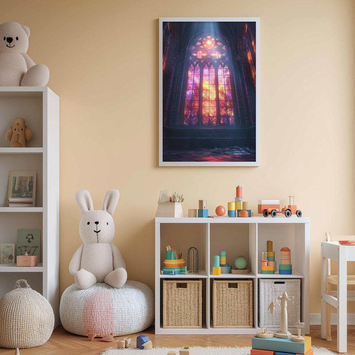 A cozy and colorful children's bedroom with a large window, a teddy bear, a bookshelf, and a toy chest filled with toys.
