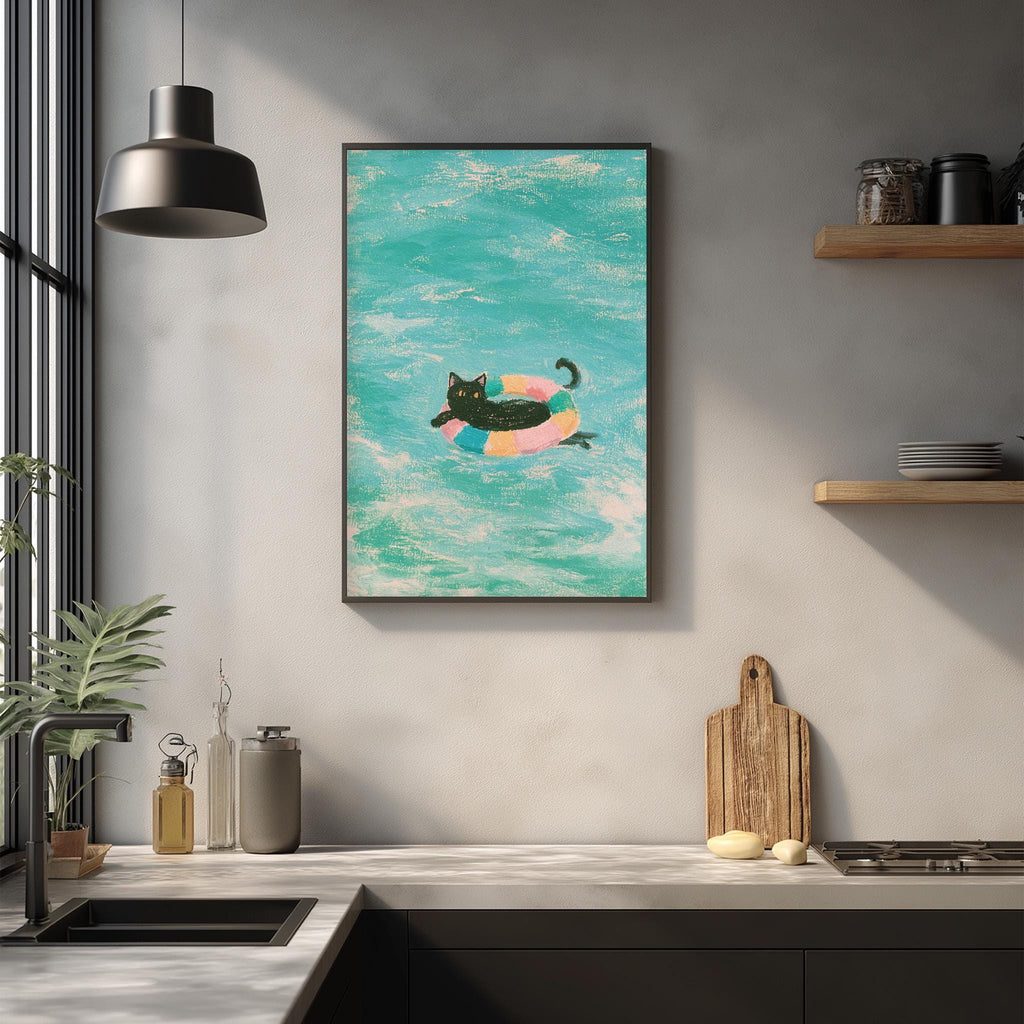 A framed painting of a cat swimming in a colorful inner tube is hanging on a wall in a kitchen.