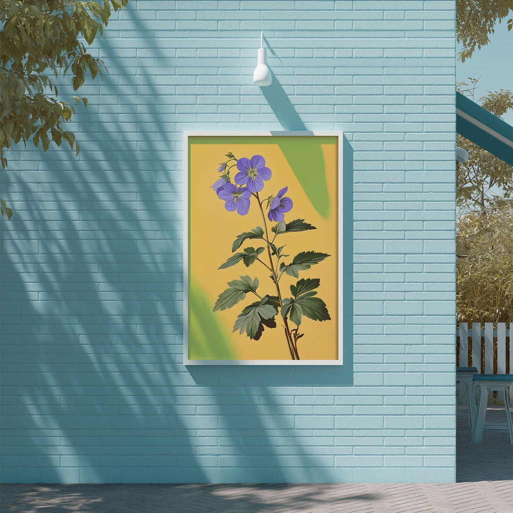 a vibrant painting of purple flowers on a yellow background, hanging on a blue wall.