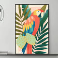 a modern living room with a gray sofa, a coffee table, and a large framed print of a colorful parrot on the wall.