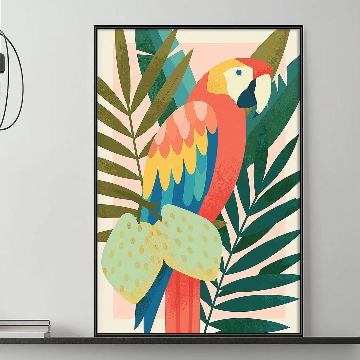 a modern living room with a gray sofa, a coffee table, and a large framed print of a colorful parrot on the wall.