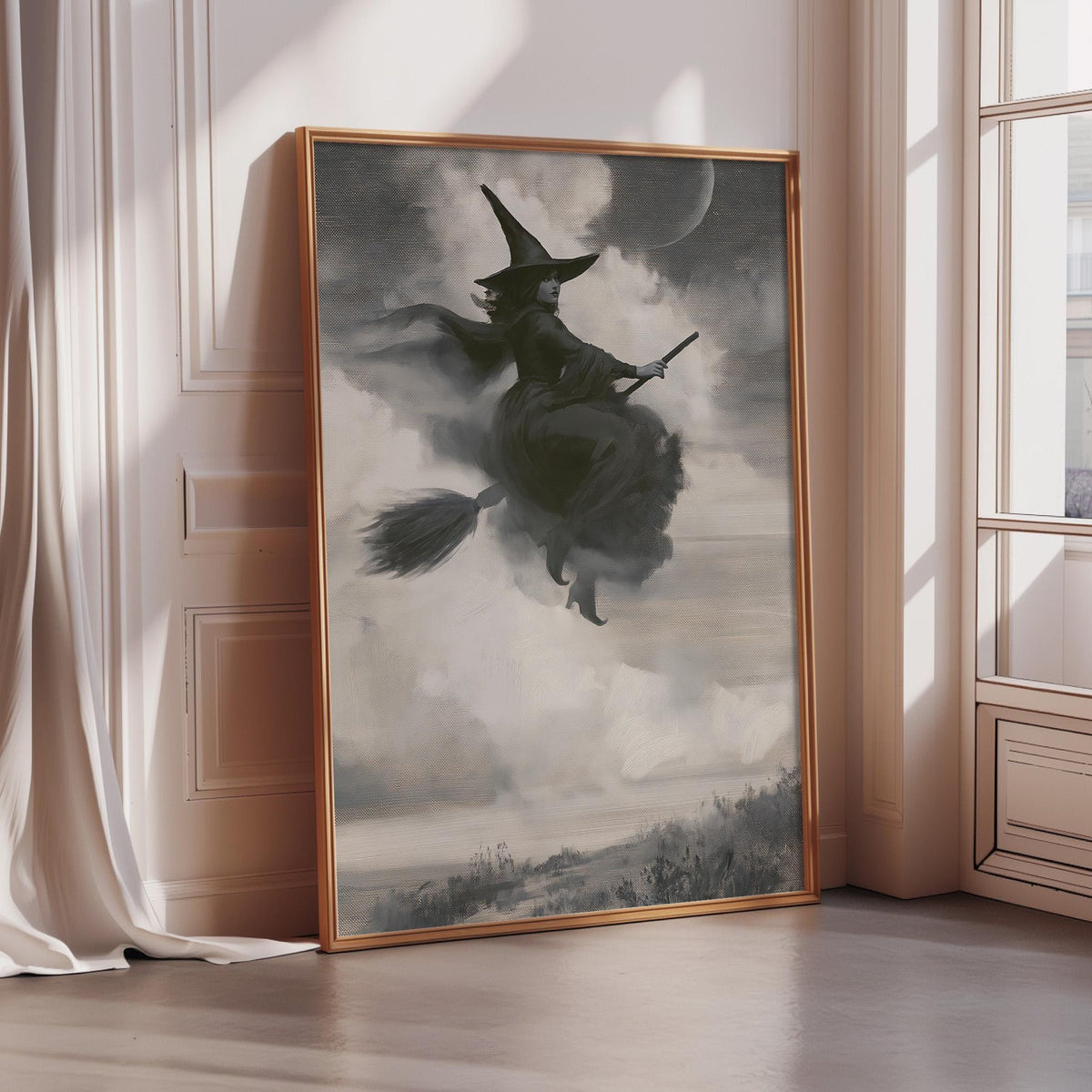 The image is a framed artwork depicting a witch riding a broomstick in a cloudy sky.