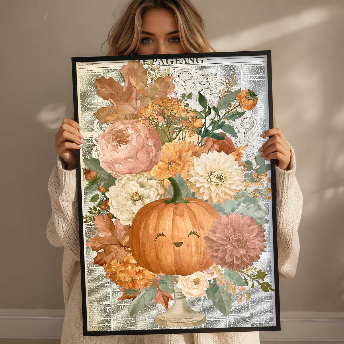 A woman is holding up a framed print with a floral design featuring a pumpkin and various autumn flowers.
