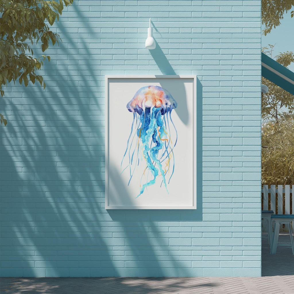 a blue brick wall with a framed painting of a jellyfish hanging on it.