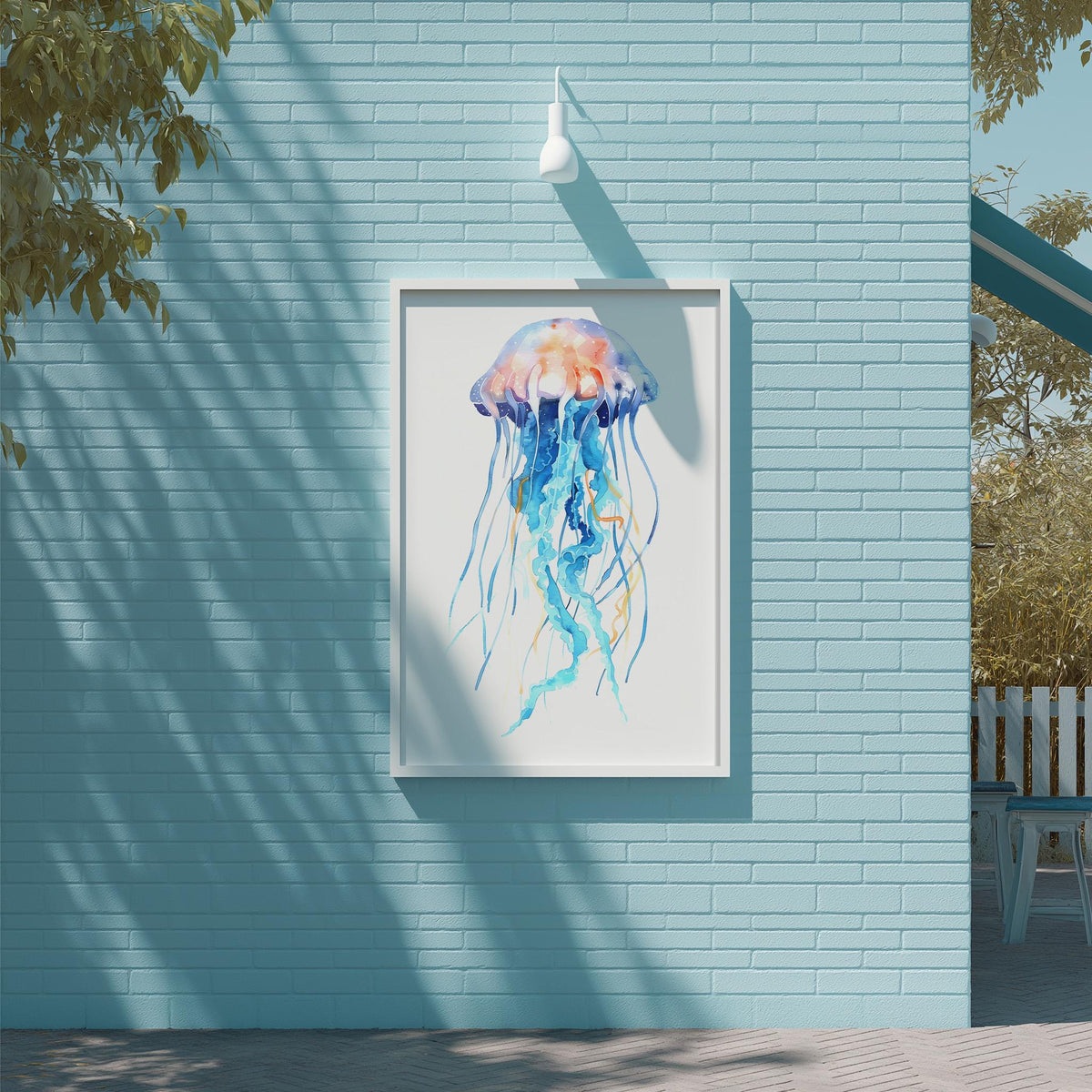 a blue brick wall with a framed painting of a jellyfish hanging on it.