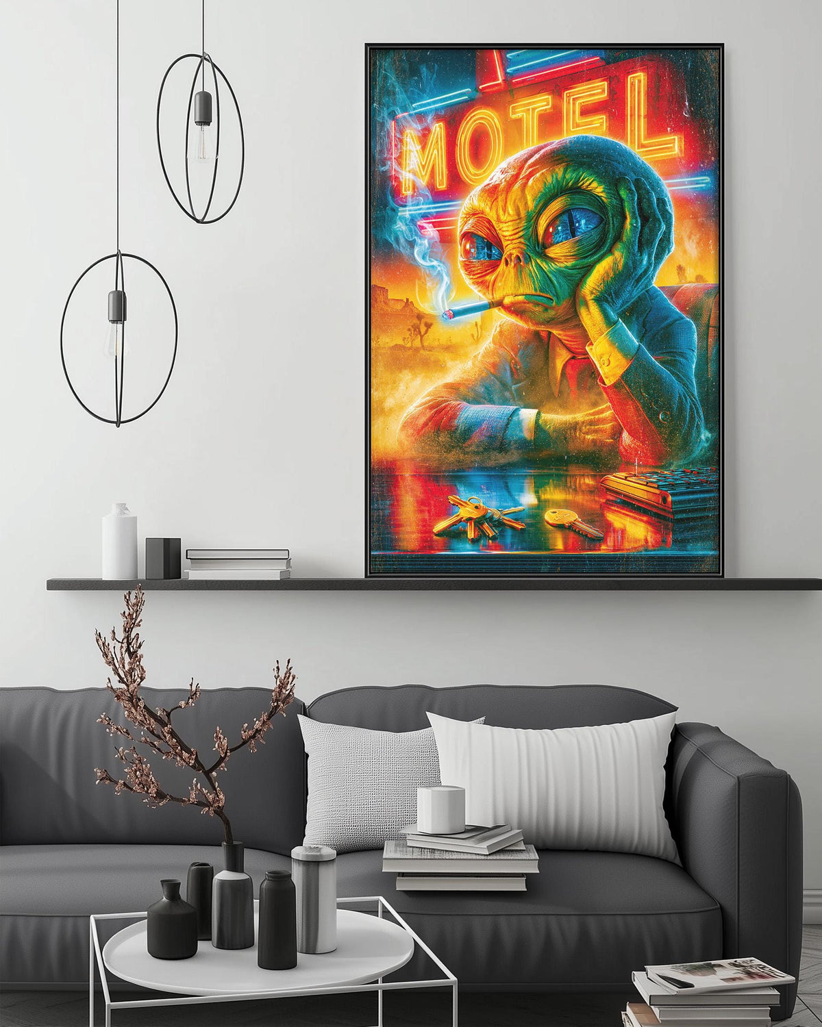 a large, colorful painting of an alien character with a cigarette in its mouth, hanging on a wall above a gray couch in a living room setting.