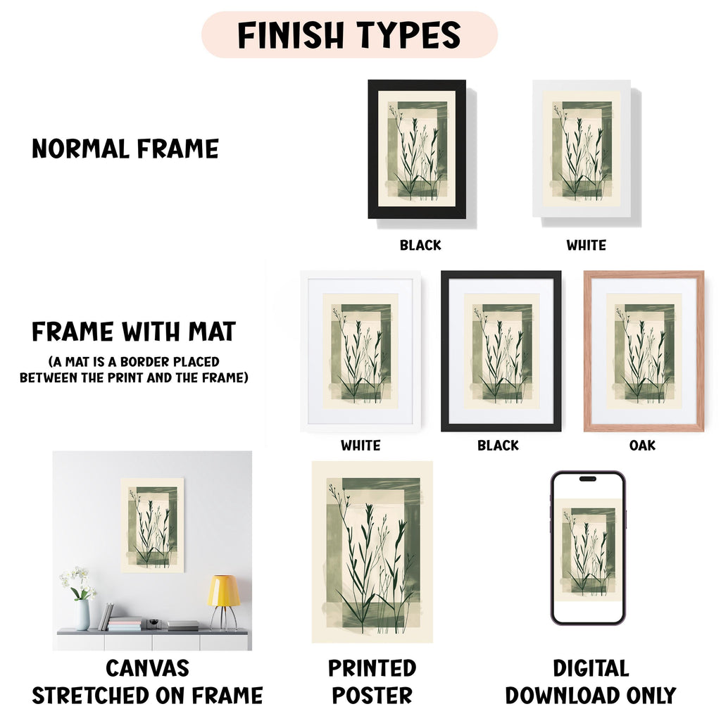 various finish types for artwork, including a normal frame, a frame with a mat, a white frame, a black frame, a black frame, an oak frame, a white frame, a black frame, a white frame, a printed poster, and a digital download only.