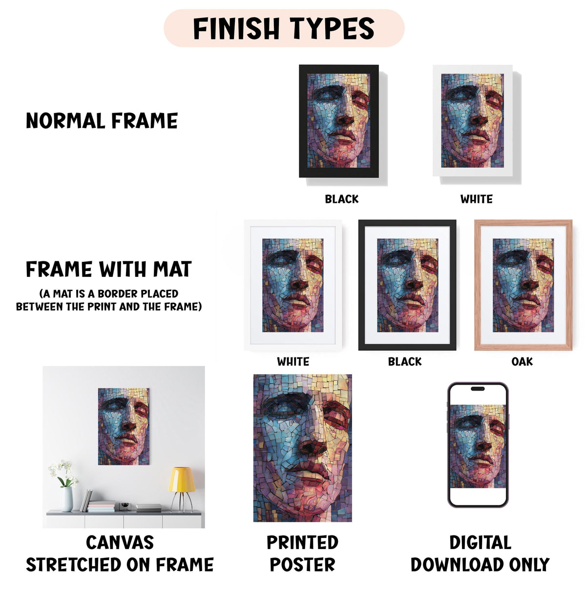 various descriptions of different finish types for a canvas print, including a normal frame, a frame with a mat, a white frame, a black frame, an oak frame, a white canvas stretched on a frame, a black canvas stretched on a frame, a white poster, and a digital download only.