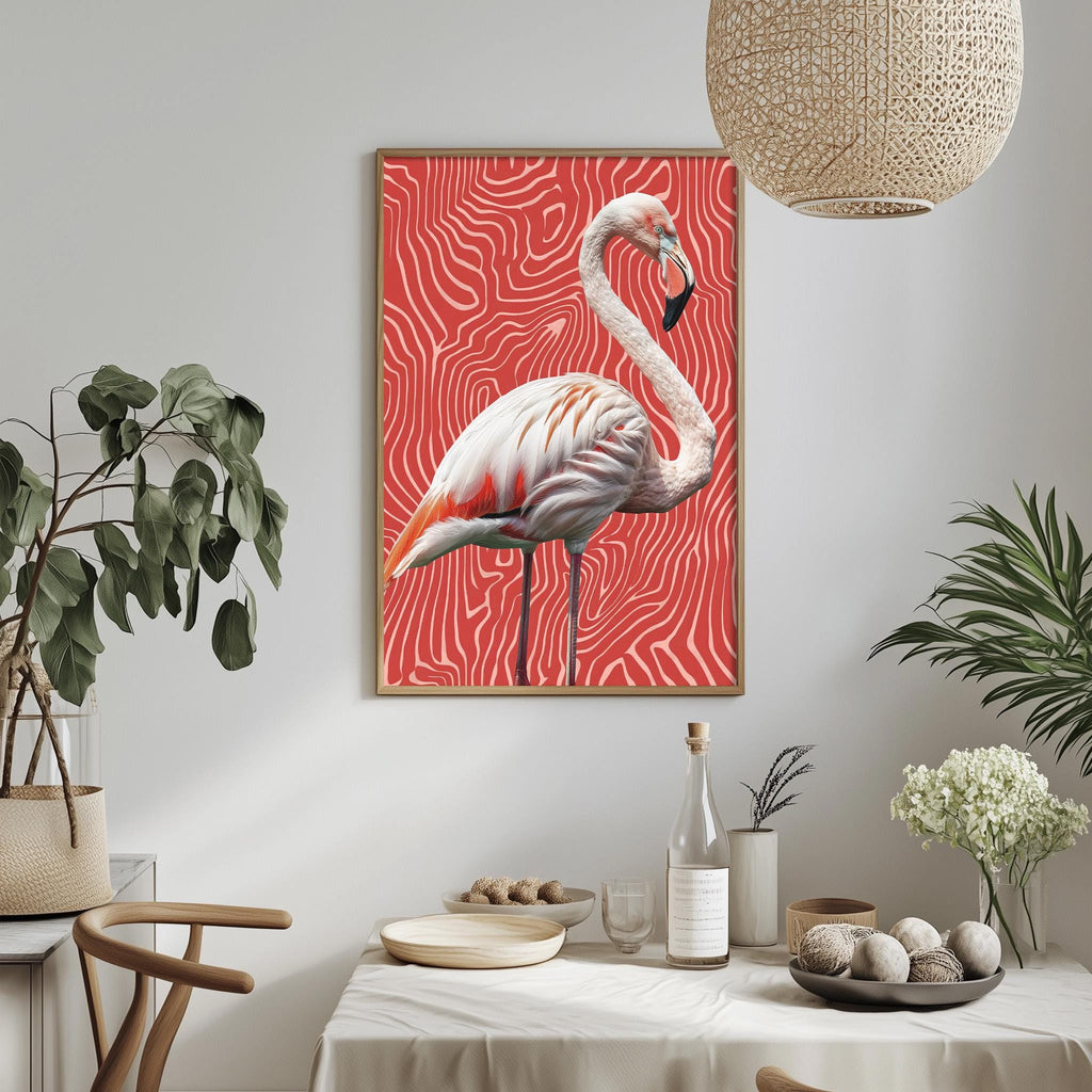 a dining table with a white tablecloth, a bowl of fruit, a bottle, and a vase with flowers. Above the table, there is a framed picture of a flamingo on a red and white striped background.