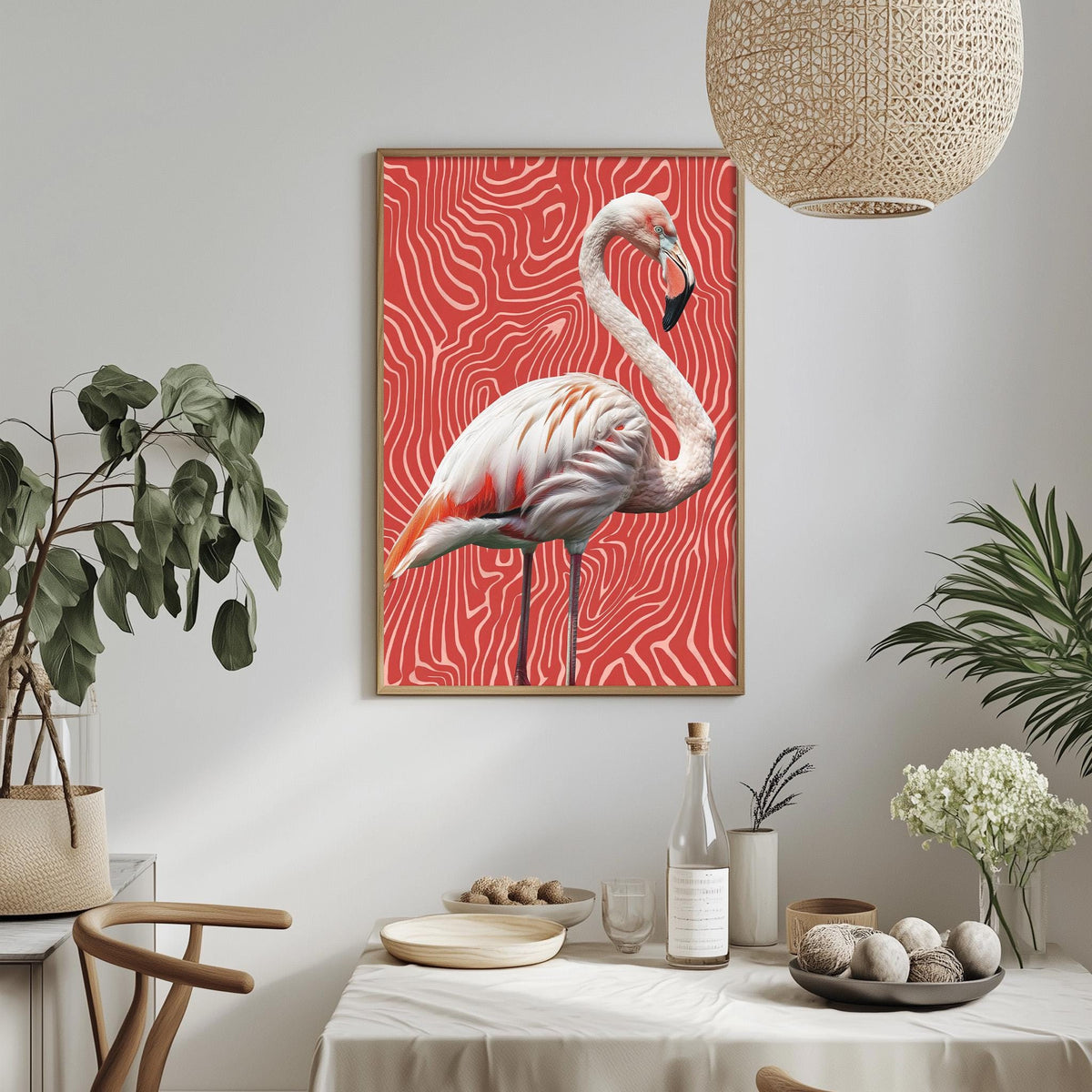 a dining table with a white tablecloth, a bowl of fruit, a bottle, and a vase with flowers. Above the table, there is a framed picture of a flamingo on a red and white striped background.