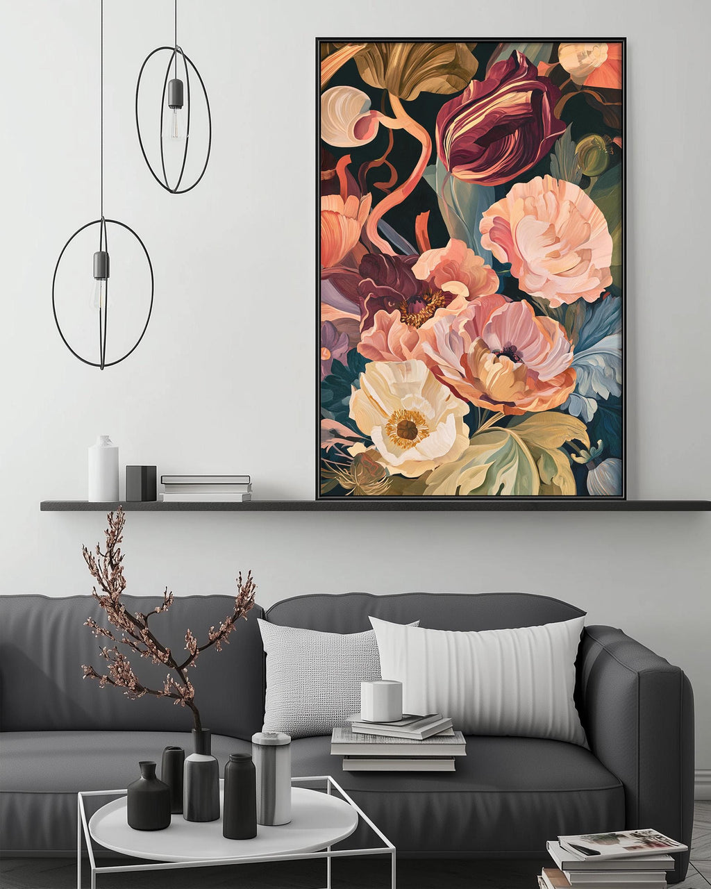 a large floral painting hanging on a wall above a gray couch in a living room setting.