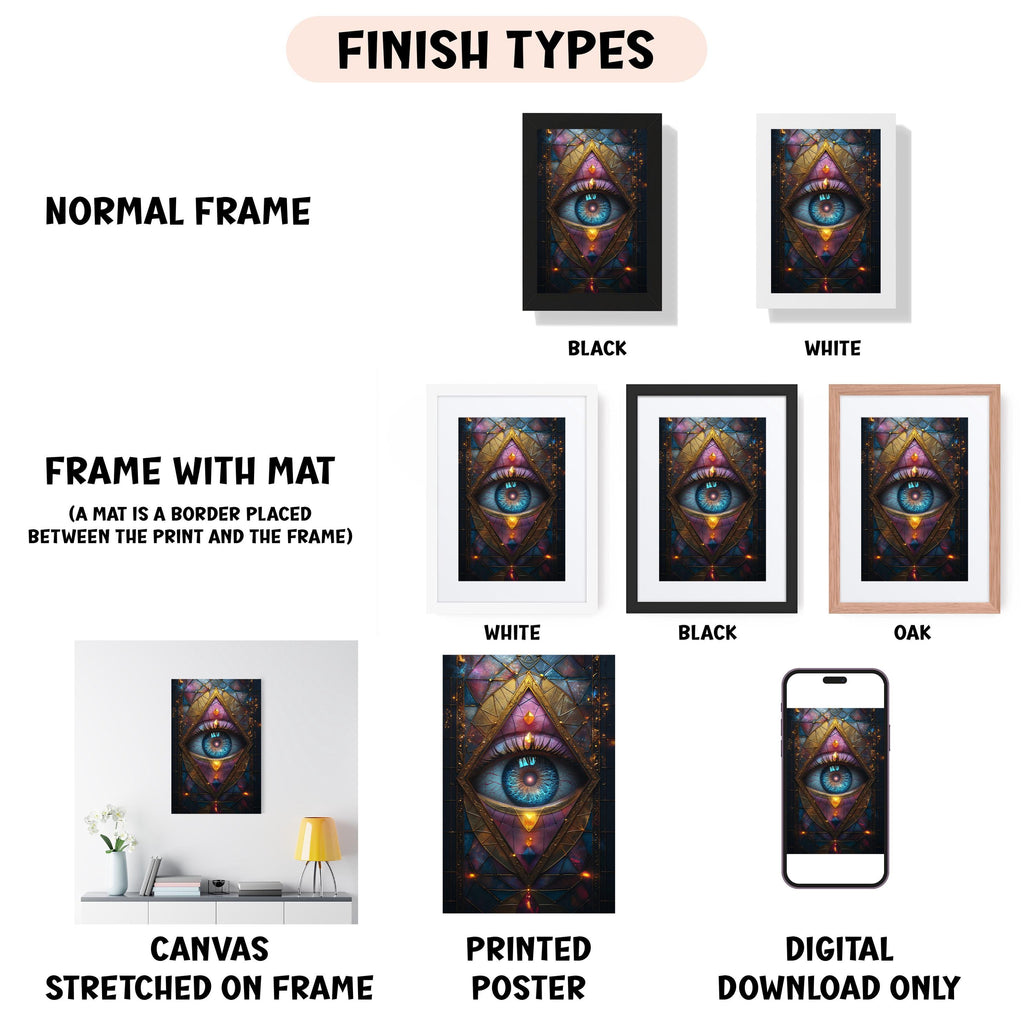 various types of artwork, including a canvas stretched on a frame, a framed poster, and a digital poster. The artwork features a large eye with a colorful background, and the image is labeled with different finish types such as "NORMAL FRAME", "FRAME WITH MAT", "WHITE", "BLACK", and "OAK".