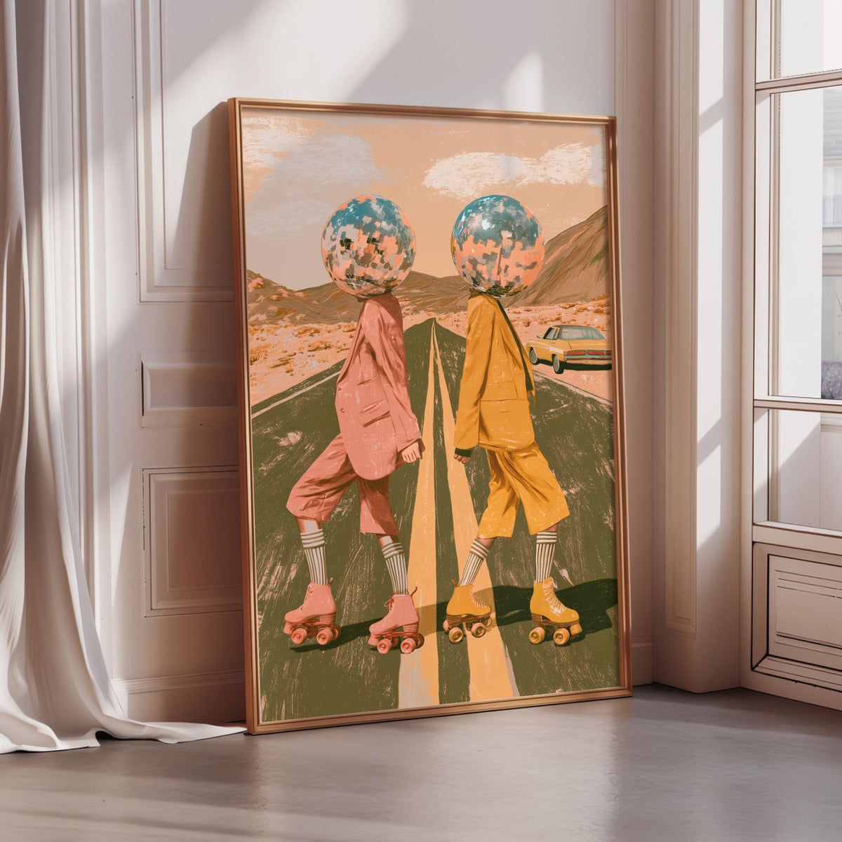 The image is a framed artwork depicting two people on rollerblades, each with a head wearing a different color, against a backdrop of a desert landscape with mountains.