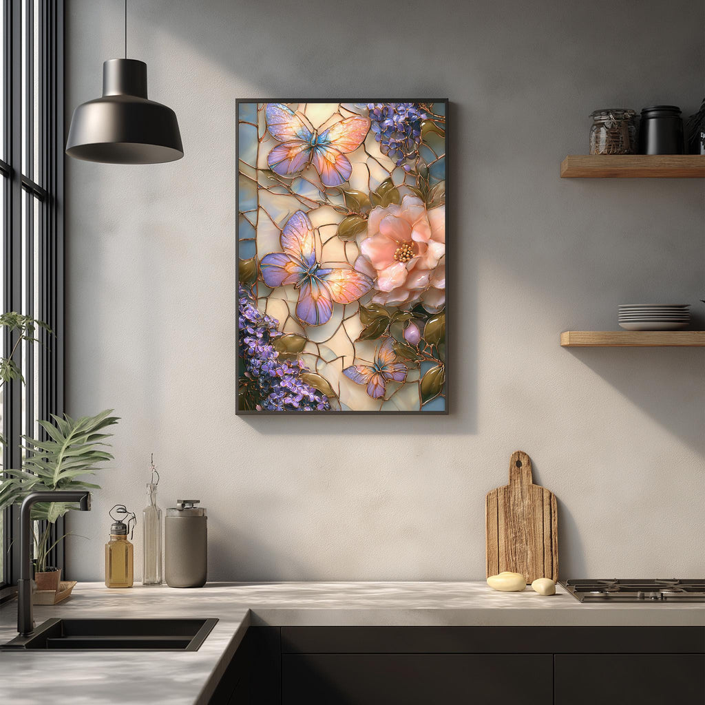 a kitchen counter with a framed picture of colorful butterflies and flowers hanging on the wall above it. The counter also has various kitchen items such as a cutting board, a soap dispenser, and a bottle.