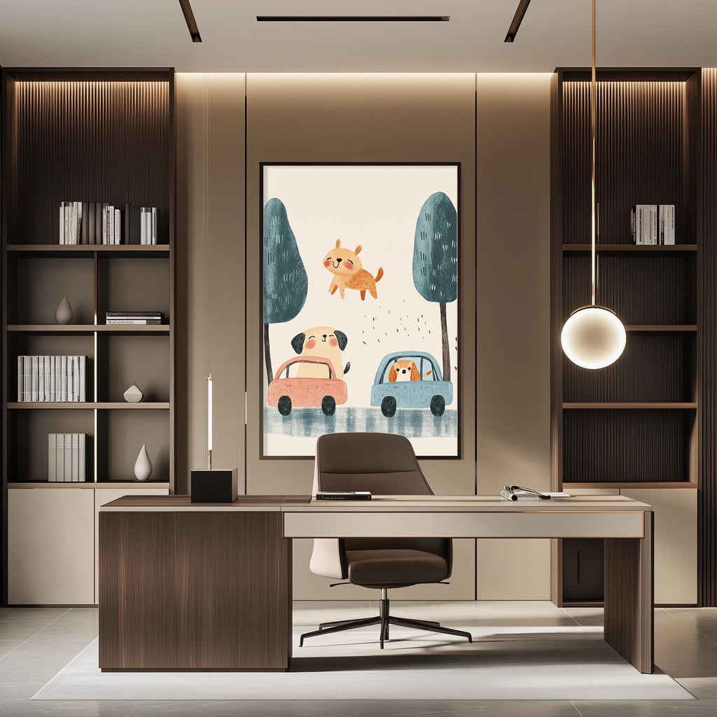 a modern office space with a large framed artwork of a dog and a car on the wall, a wooden desk with a chair, and built-in bookshelves.